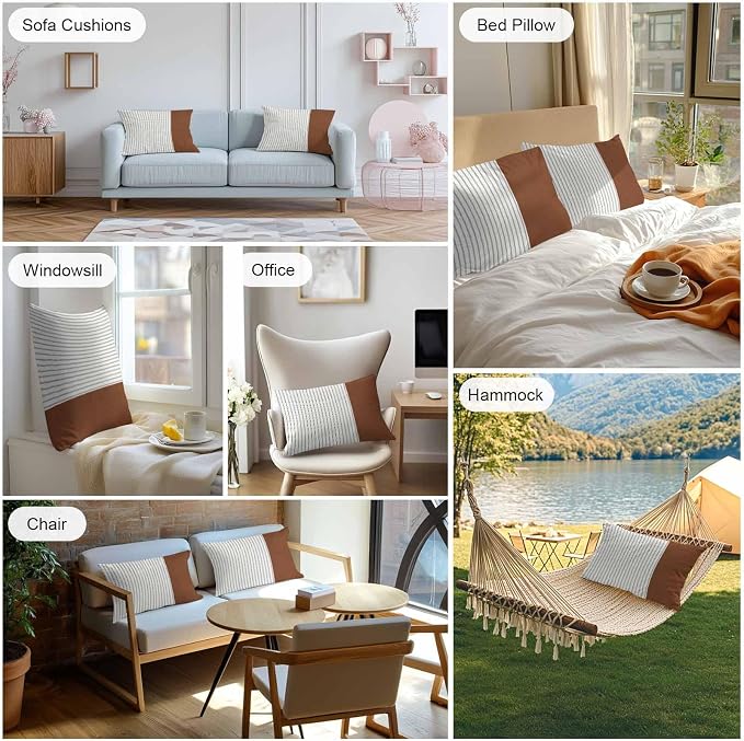 Boho Brown Leather Texture Outdoor Pillow Covers 20x12 Inch Lumbar Pillow Covers Set of 2 Waterproof Decorative Throw Pillow Cases Modern Black Striped Cushion Covers for Patio Furniture Garden Couch
