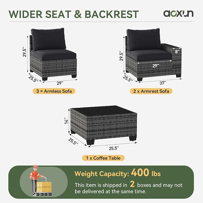 Aoxun Patio Furniture Set, 6 Pcs Outdoor Patio Furniture Sets with 4in Thicken Cushion, Widen Armrests Wicker Outdoor Sectional for Backyard