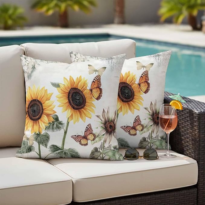 Sunflower Outdoor Waterproof Throw Pillow Covers Set of 2, 26"x26", Farmhouse Rustic Retro Summer Floral Butterfly Decorative Pillow Covers Outside Cushion Case for Patio Porch Garden