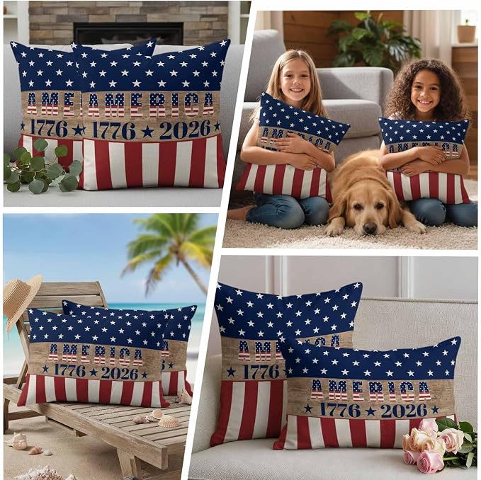 250th Anniversary Outdoor Pillow Covers 20"x20" Set of 2, Waterproof Throw Pillow Covers for Patio Furniture, USA Flag Red Striped Blue Star Retro Decorative Cushion Covers for Porch