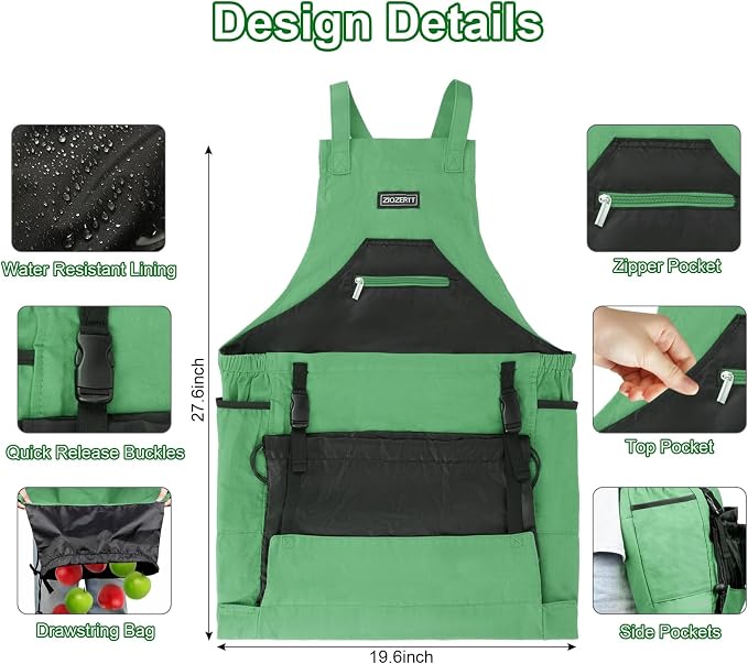 Garden Apron,Harvest Aprons with Drawstring Bag and Pockets for Women and Men,Canvas Fruit Picking Apron