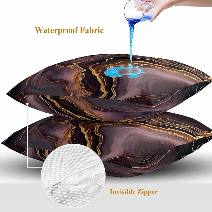 Abstract Marble Texture Outdoor Waterproof Throw Pillow Covers Set of 2, 26"x26", Purple Gold Waves Art Decorative Pillow Covers Outside Cushion Case for Patio Porch Garden