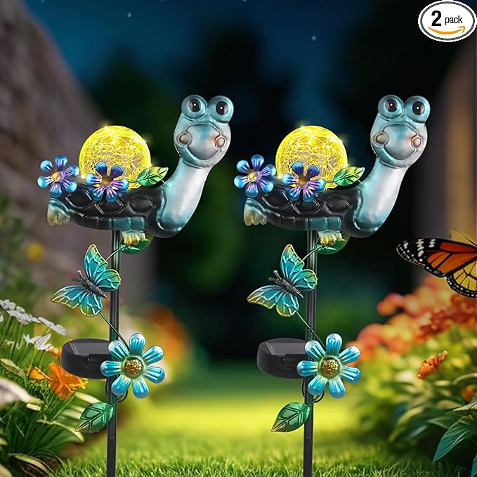 Solar Turtle Garden Stake Lights for Outside 2 Pack Metal Turtle Solar Light Outdoor Decor Waterproof Decorative Garden Stakes Yard Lawn Landscaping Ornaments Housewarming Gifts for Women Mom Grandma