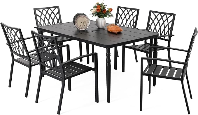 NUU GARDEN 7-Piece Outdoor Metal Dining Set, Well-Ventilated Patio Furniture Set Includes 61” x 37” Table and 6 Stackable Chairs with Lattice Pattern for Garden, Backyard, Poolside, Black