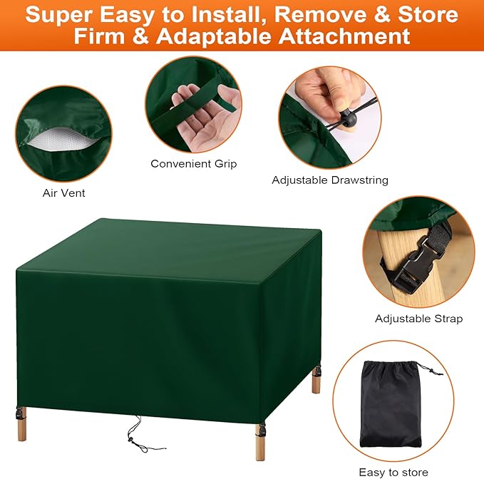 Patio Furniture Cover Rectangle 60"(L) x 28"(W) x 36"(H), Custom Heavy Duty 420D Waterproof Outdoor Cover with Drawstring & Buckles for Table Chair Garden, Green