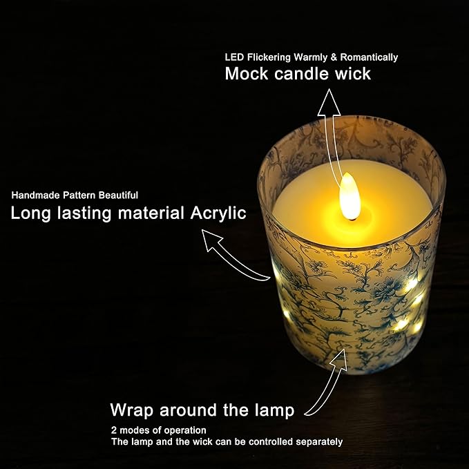 Floral Flickering Flameless Candles, Recessed String Light LED Candles 3D Wick Acrylic Battery Operated LED Pillar Candles with Remote and Timer for Home Decor Set of 3(Blue & White)