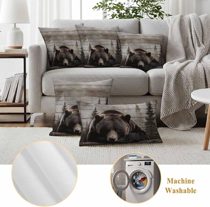 Sleeping Bear Outdoor Pillow Covers 26"x26" Set of 2, Animal Forest Rustic Planks Waterproof Throw Pillow Covers for Patio Furniture, Decorative Cushion Covers for Porch