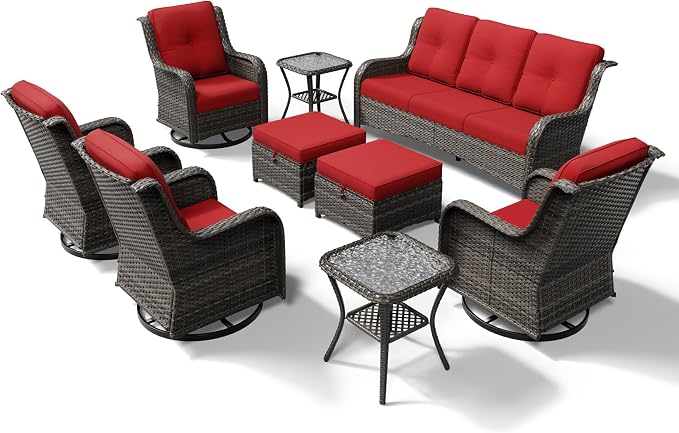 Joyside 9 Piece Wicker Patio Furniture Set, Outdoor Swivel Rocker Patio Chairs with High Back, Deep Seating, Wide Armrest, Thickened Cushions, Outdoor Furniture for Deck, Porch Use