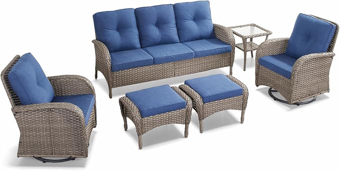 6 Pieces Outdoor Furniture-Patio Swivel Rocker Chairs Set of 2 3-Seater Wicker Couch with Outdoor Ottoman Outdoor Patio Furniture Set for Deck Porch Garden Balcony Poolside-Grey/Blue