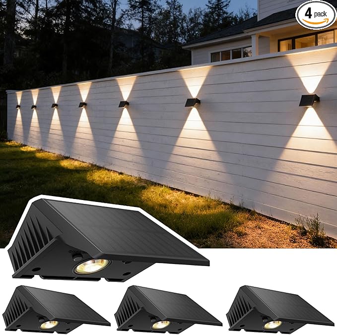Solar Fence Lights Outdoor, 4 Pack Warm White Up and Down Solar Wall Lights, IP67 Waterproof LED Dusk to Dawn Solar Powered Fence Lights for Patio, Backyard, Deck, Garden, Yard, Outdoor Wall Decor
