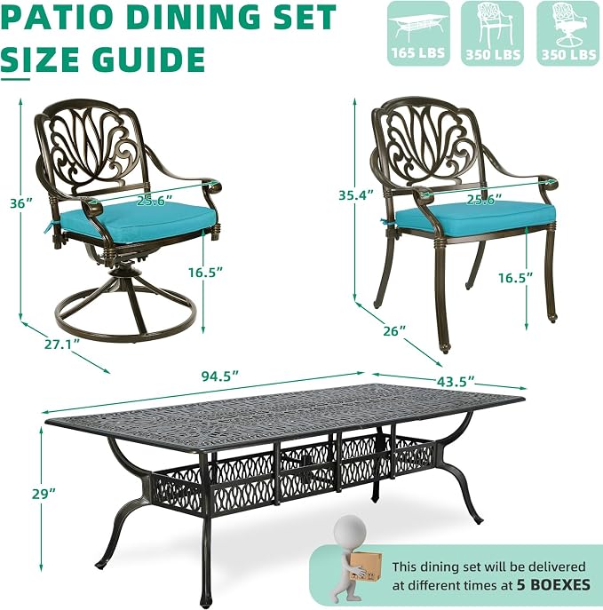 VIVIJASON 9-Piece Outdoor Dining Set, Cast Aluminum Patio Furniture Table & Chairs Set, Include 94.5" Rectangular Table, 2 Swivel Rockers, 6 Stationary Chairs, Umbrella Hole, Ocean Blue Cushion