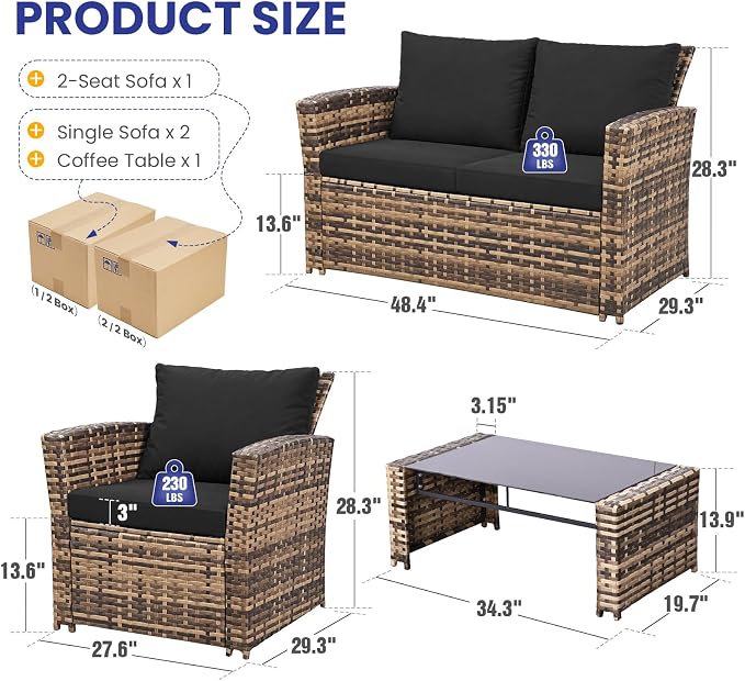 FHFO 4 Piece Outdoor Wicker Patio Furniture Set, Yellow/Black | Sectional Sofa | All-Weather Hand-Woven Rattan | Tempered Glass Coffee Table | Durable Fabric | Indoor & Outdoor Use