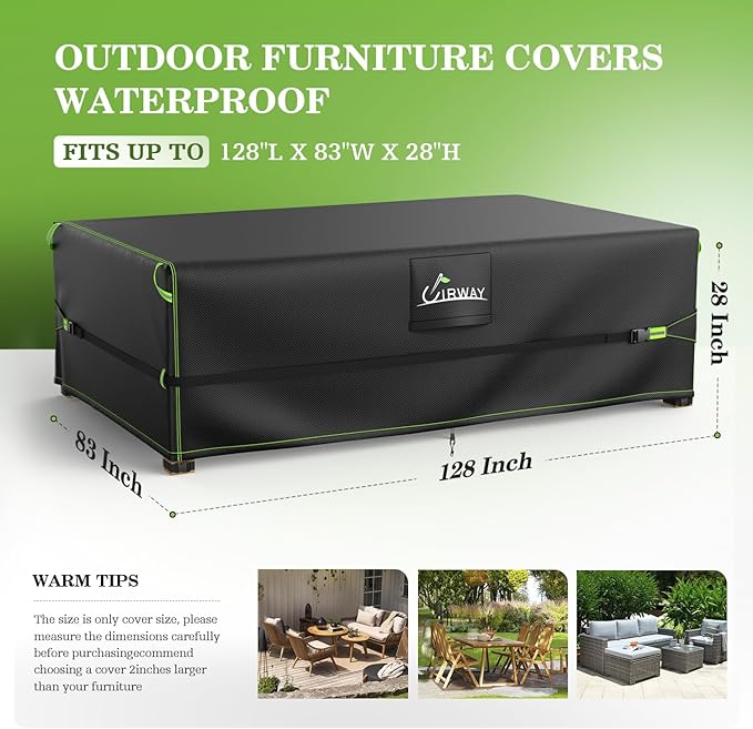 UIRWAY 600D Heavy Duty Outdoor Furniture Covers-Upgraded 5 Layer Tough Oxford Fabric Waterproof Patio Table Cover for Table and Chairs with Triple-Layer Windproof Design Fits 128" L × 83" W × 28" H