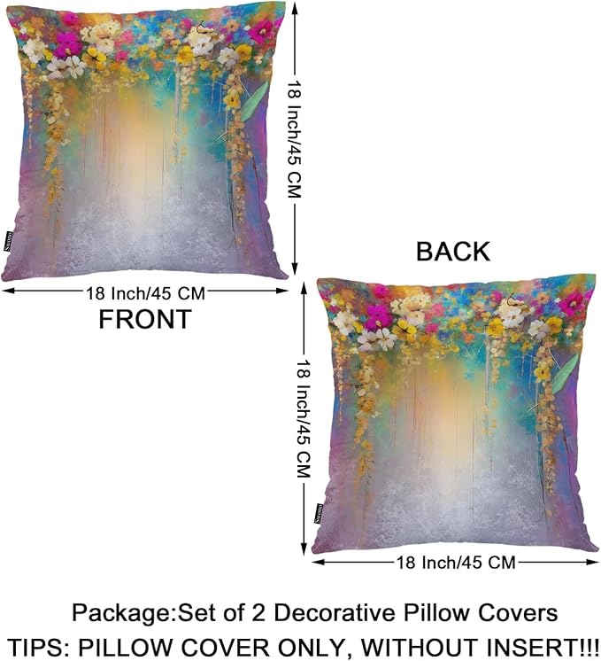 Swono Set of 2 Decorative Throw Pillow Covers Ivy Flowers, Abstract Blossom Floral Farmhouse Pillowcases Accent Pillow Cushion Cover for Couch Sofa Bed Office Armchair 18 X 18 Inch, Rainbow Purple