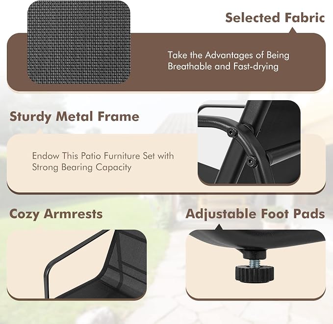 Tangkula 4 Pieces Patio Furniture Set, Outdoor Conversation Set with Tempered Glass Coffee Table, Outdoor Garden Porch Furniture Set with Breathable Fabric and Rustproof Metal Frame (1, Black)