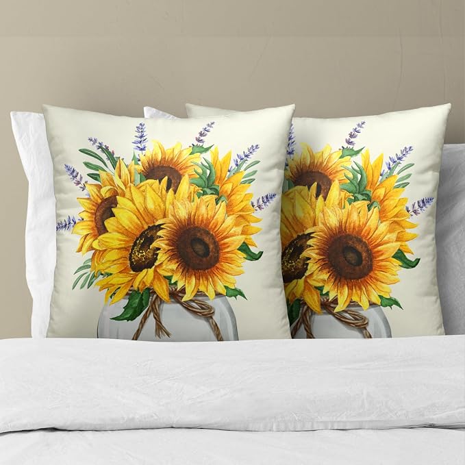 Sunflower Throw Pillows Covers 18 x 18 Inch - 2PCS Nature Summer Flower Vase Floral Decorative Square Pillowcases for Couch Sofa Bench Living Room Bedroom Decoration