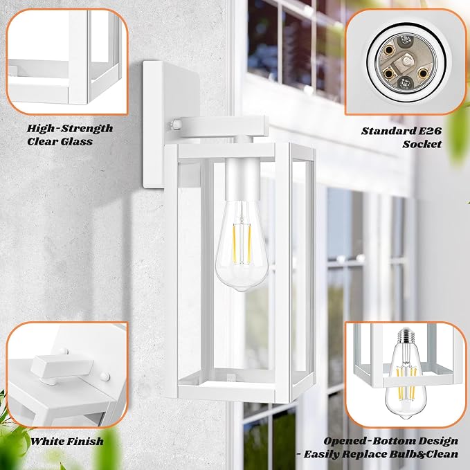 2-Pack Outdoor Wall Light Fixtures, Waterproof Anti-Rust Outside Wall Sconce Lantern with Clear Glass, Exterior Front Porch Lights for House Garage Doorway, Bulbs Not Included, White