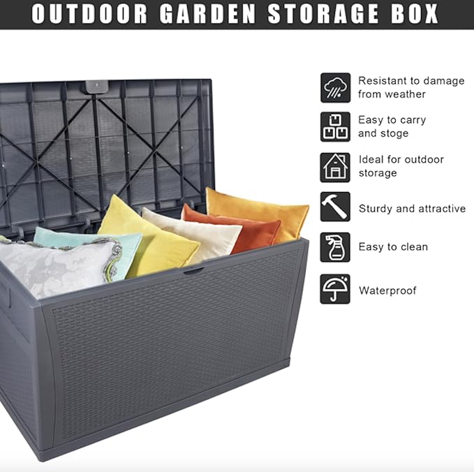 120 Gallon Large Resin Deck Box, Outdoor Organization Storage Container, Garden Storage Chest Lockable Seat for Patio Furniture, Tools (Gray)