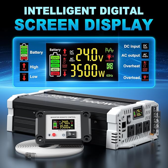 3500 watt Pure sine Wave Inverter, 24V DC to 110V AC Power Inverter, Used for Solar Emergency Power Supply in RV Homes, with 3 AC Output sockets, USB Port, Type-C Port, Remote Control with LCD Screen
