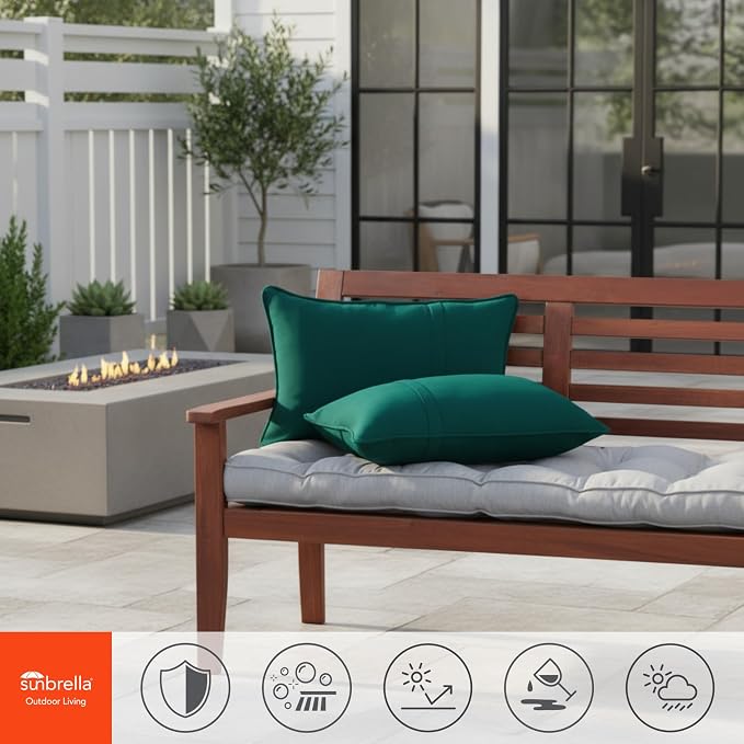 Sunbrella Rectangular Outdoor Throw Pillows 21x14 Set of 2 - Corded Lumbar Patio Accent Pillows with Pleated Design & Removable Zipper Covers – Weather & Fade Resistant Pillows, Canvas Forest