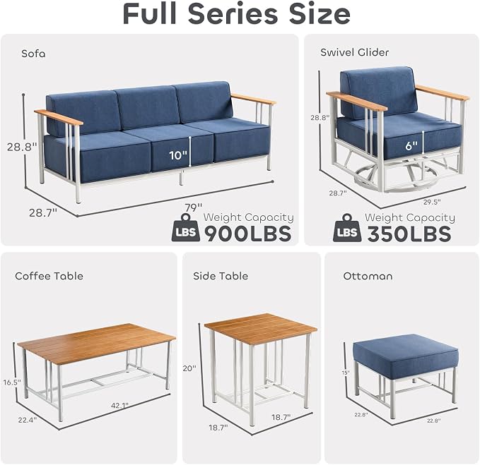Luxury Outdoor Furniture Set with Swivel Chairs, 5 PCS Patio Furniture Set with 6" Extra Thick Cushions, Suitable for Porch, Balcony, Deck, Patio, Yard, Poolside, White/Blue