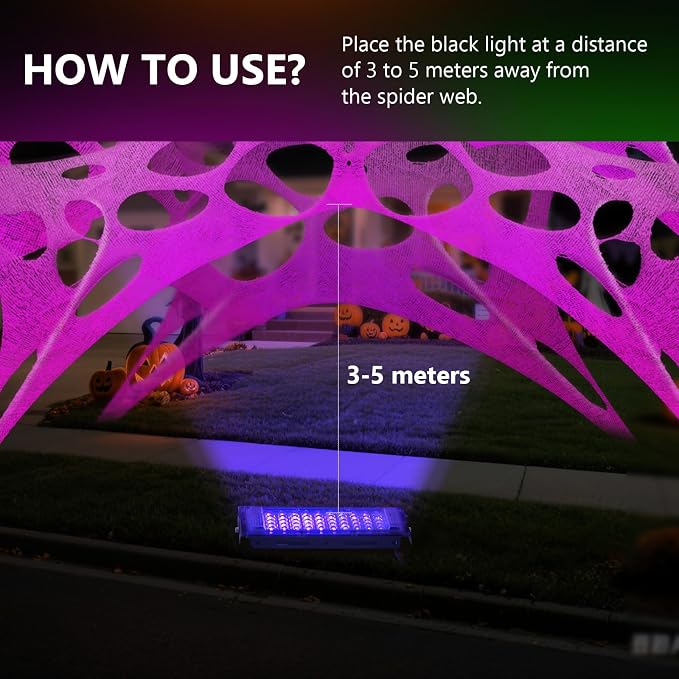 Glow in The Dark Pink 1000 Sqft Uncut Giant Spider Web Halloween Decorations Outdoor with 1 Black Light &10 Ground Nails Stretchy Beef Cloth Netting Cut-Your-Own for Yard Party