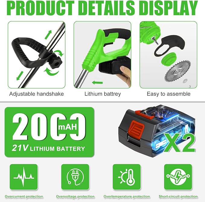 Electric Weed Wacker String Weed Eater Cordless Grass Trimmer 21V Battery Powered String Trimmer with 2x2.0ah Battery and Charger Brush Cutter/Edger/Mower with 3 Types Blade for Garden Lawn(Green)