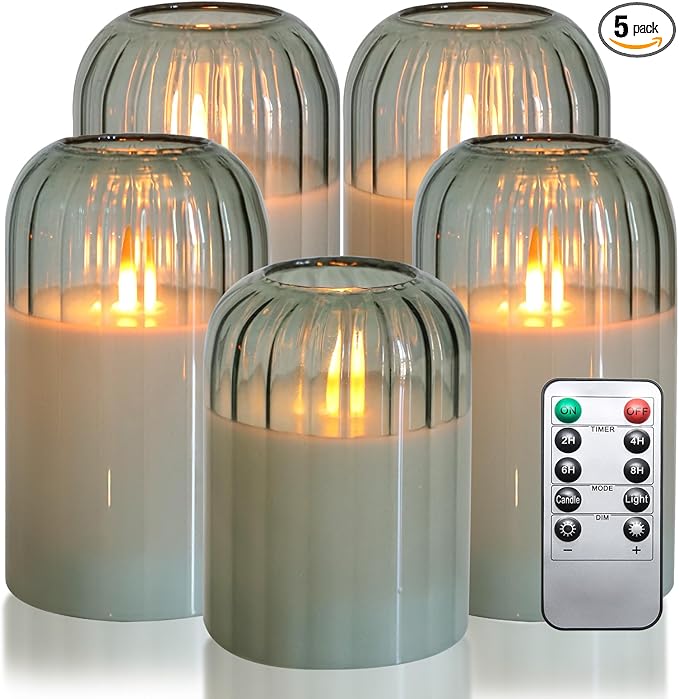 MUMCHASI Green Flameless Battery Operated Candles with Remote, Set of 5 Glass Jar LED Candles with Dancing Flame, Flickering Electric Candlelight for Home Wedding Party Decor H4”5”5”6" 6”