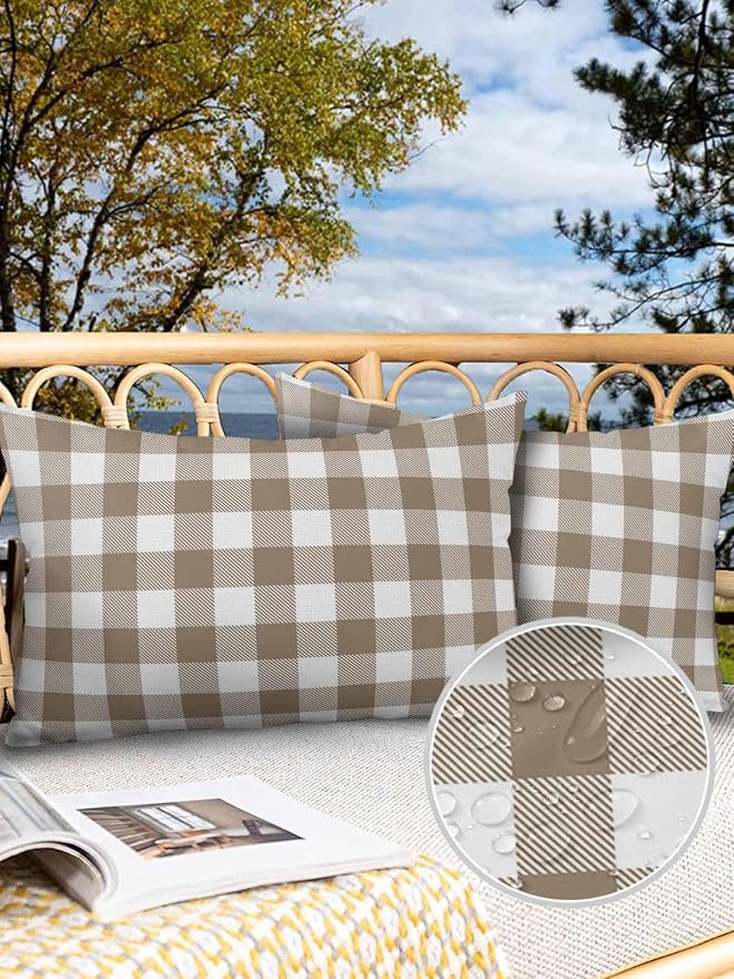 Outdoor Waterproof Throw Pillow Covers Set of 2 Light Brown Buffalo Check Plaid Lumbar Pillowcases 20x12 Inches Farmhouse Style Patio Decorative Pillows Cushion Case Patio Pillows for Couch Bed Garden