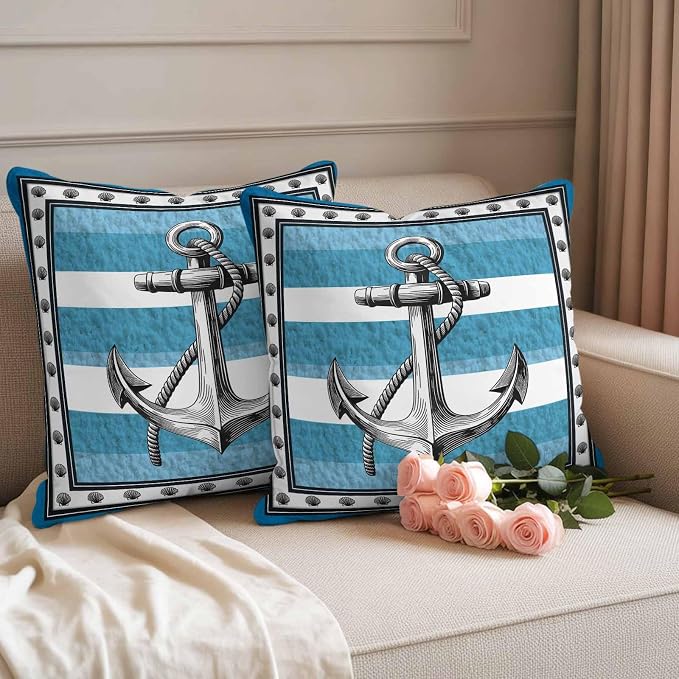 Summer Boat Anchor Outdoor Waterproof Pillow Covers Set of 2, Nautical Ocean Shells Anchor Blue White Stripe Pillowcase Decorative Throw Cushion Cases for Patio Garden Couch 18 x 18 Inches