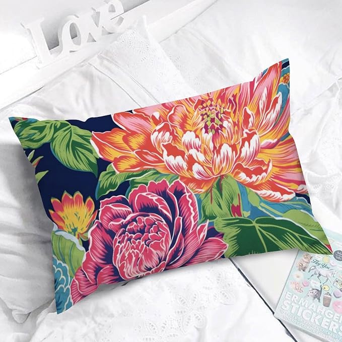 Floral Bright and Cheery Chinoiserie Lumbar Throw Pillow Cover Pink Coral Peony on Navy Throw Pillow Cover Abstract Modern Decorative Pillow Covers for Home Indoor Sofa Couch Decor 16x24in