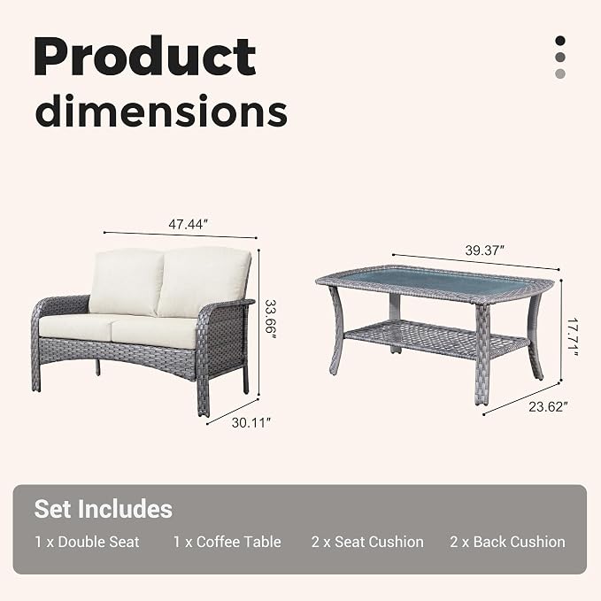 2 Pieces Wicker Patio Furniture Loveseat with Table - Outdoor Rattan Patio Bistro Set of 2,All-Weather PE Wicker Conversation Sofa High Back Deep Seating for Deck Porch Yard,Beige