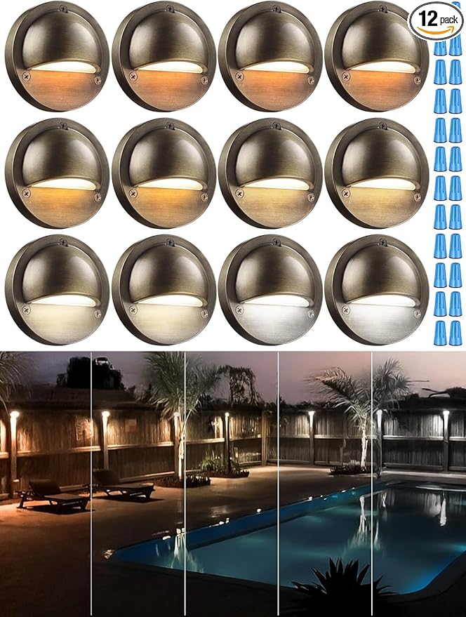 LEONLITE 12-Pack Update 5CCT LED Low Voltage Deck Lights, 180LM 3.74inch Landscape Step Railing Fence Light, 12-24V AC/DC, CRI90, Die-cast Aluminum Housing & Frosted Glass Lens, UL Cord, Bronze