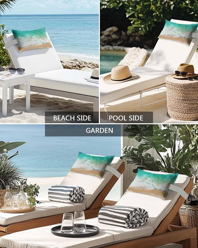 Outdoor Lumbar Cushions with Inserts, Beautiful Green Beach Sea Patterns Waterproof Fluffy Fade Body Pillows, Patio Furniture Pillow for Home Balcony Garden Decor 11x16IN