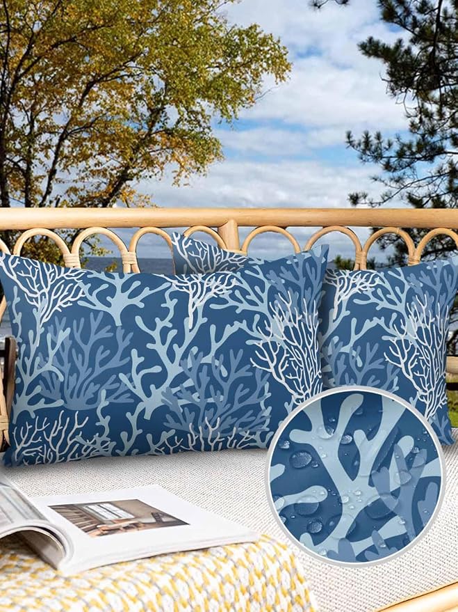 Outdoor Waterproof Throw Pillow Covers Set of 2 Blue Coral Lumbar Pillowcases 20x12 Inches Nautical Coastal Marine Life Patio Decorative Pillows Cushion Case Patio Pillows for Couch Bed Chair Garden