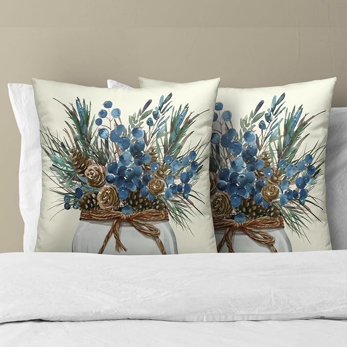 Christmas Pinecone Throw Pillow Covers 16x16 Set of 2, Pine Twigs Stems Picks Winter Decorative Pillow Cases Farmhouse Cotton Cushion Cover for Couch Sofa Bed Home Decor