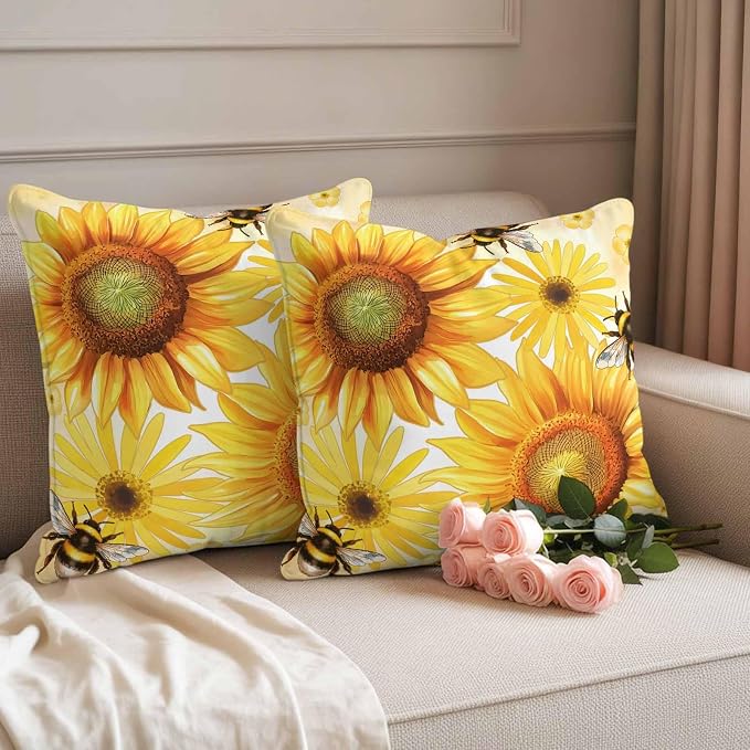 Outdoor Throw Pillow Covers,Rustic Sunflower Yellow Flower Waterproof Decorative Pillowcases Cushion Cover Spring Farmhouse Floral Bee Pillow Cases for Patio Couch Sofa Bed,16x16in Set of 2