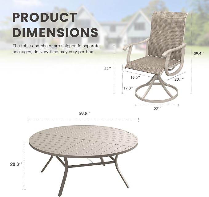 Outdoor Dining Set for 8, 60.1" Metal Round Outdoor Dining Table with Umbrella Hole and Sling Patio Swivel Chairs, 9 Pieces Patio Table and Chairs Set for Garden Backyard, Sandshell