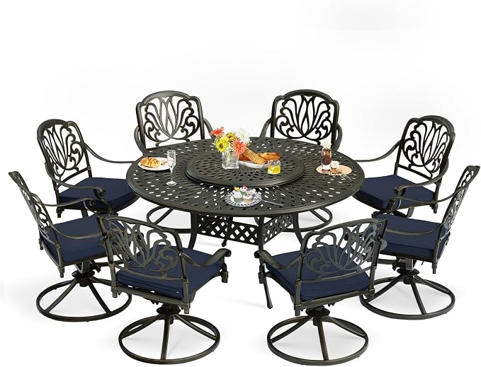 9-Piece Patio Furniture Dining Set, Cast Aluminum Outdoor Conversation Set- 61" Round Patio Dining Table with Detachable Lazy Susan & 8 Cushioned Swivel Rocker, Umbrella Hole, Navy Blue