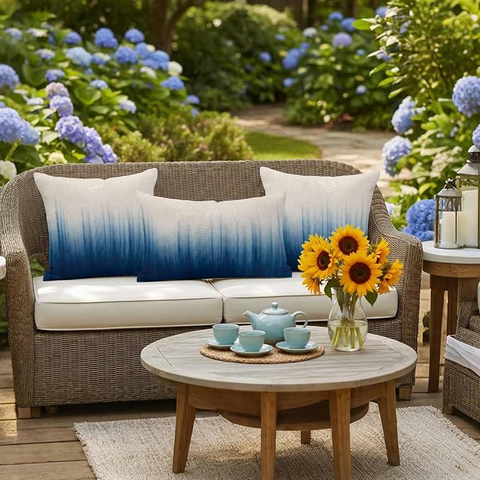 Blue Ombre Stripe Waterproof Outdoor Pillow Covers Set of 2 Home Decor, Abstract Art Modern Gradient Beige Pillowcase Patio Pillow Covers for Couch Bench Furniture Garden 20x20in