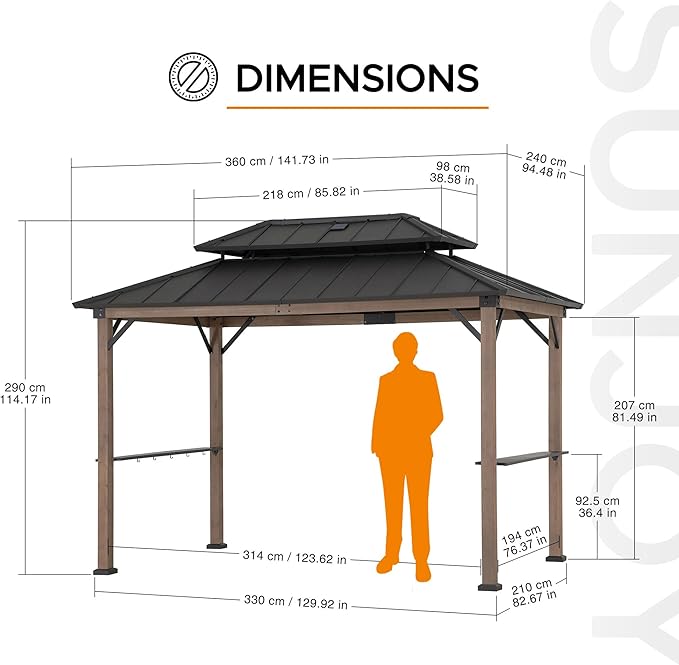 Sunjoy Wooden Grill Gazebo, 8 x 12 ft. Steel Hardtop Gazebo with Solar Power for Year-Round Grilling - 2 Full Size Grills, Griddles or Smokers - Outdoor Cooking Shelter for Backyard BBQs Party, Brown