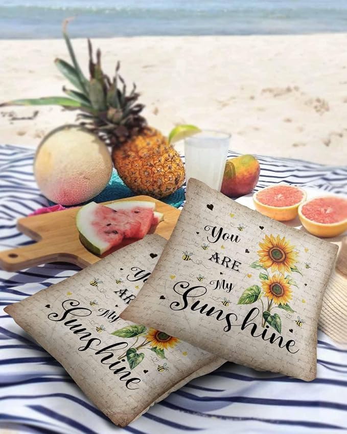 Sunflower Outdoor Waterproof Throw Pillow Covers 18"x18" Set of 2, Sunflower Bee Old Newspaper Background Decorative Garden Pillowcase with Zipper Retro Farmhouse Cushion Case for Patio Couch Tent