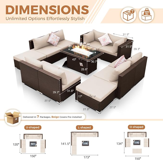 BULEXYARD 11 Piece High Back Outdoor Furniture Set with Firepit, Cozy Patio Conversation Set with Ottoman Modular, Extra Wide Deep 10-Seats Sectional Couch Sofa for Yard, Brown Rattan & Beige Cushion