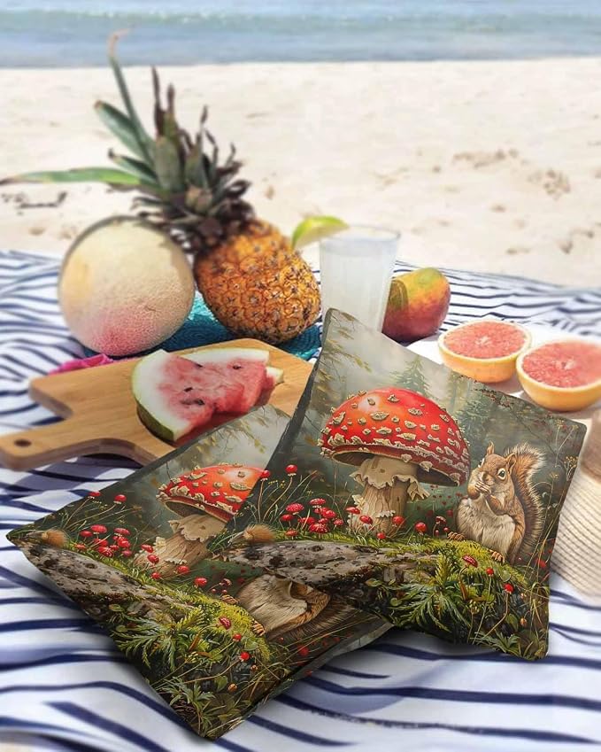 Outdoor Waterproof Throw Pillow Covers 24x24in, Fall Harvest Forests Mushrooms Cushions for Garden Patio Furniture Chairs Set of 2, Thanksgiving Squirrels Home Decor Couch Sofa Polyester Pillow Cases