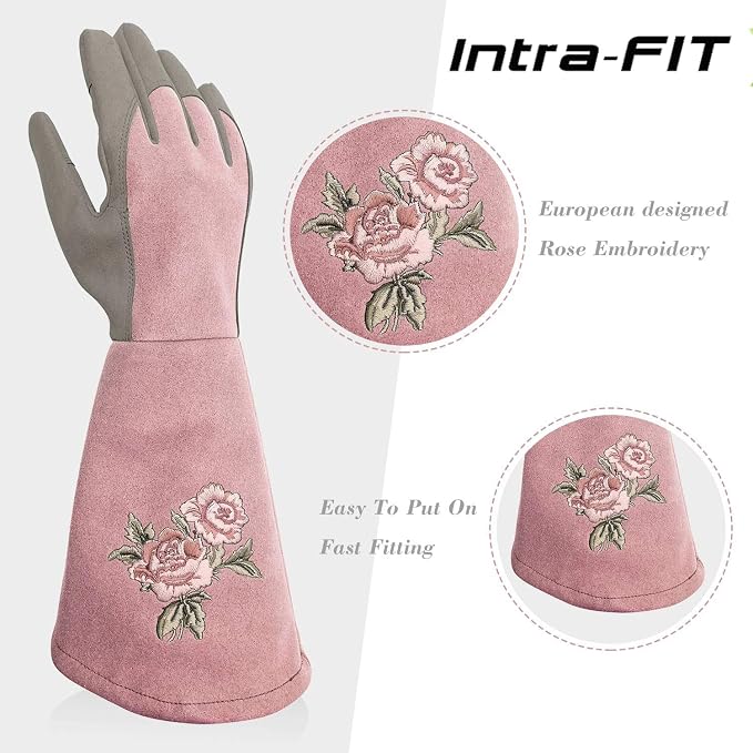 Rose Pruning Gloves with Forearm Protection, Thorn Resistant | Embroidery Design with Extra Long Cuff for Gardening and Pruning Tasks