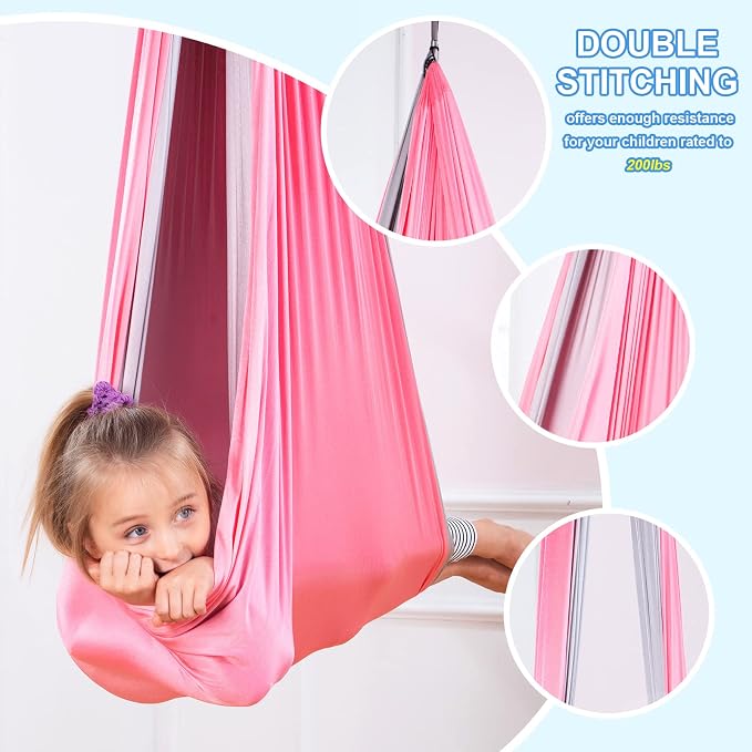 Therapy Swing Hammock Kids Cuddle Sensory Swing Indoor Therapeutic Hammock 360° Rotating Double Layer Elastic Rocking Cloth Swing Gifts for Children with ADHD SPD Asperger Autism (Pink+Grey)