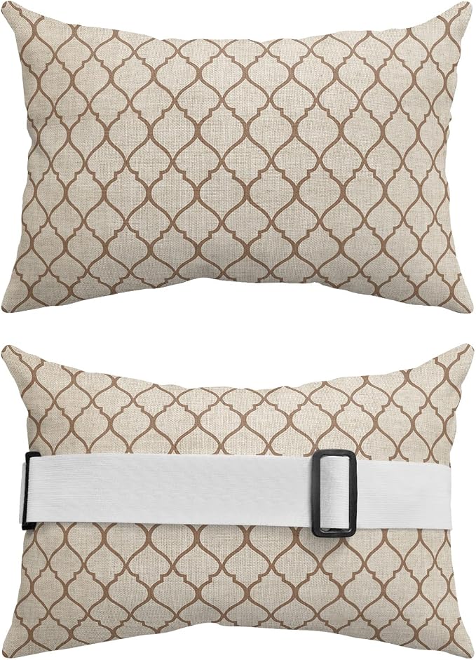 Outdoor Pillows Covers with Inserts Rustic Moroccan Geometric Quatrefoil Khaki Lattice Waterproof Pillow with Adjustable Strap Throw Pillows for Patio Furniture Recliner Lounge Chair, 12x20 inch, 2PCS
