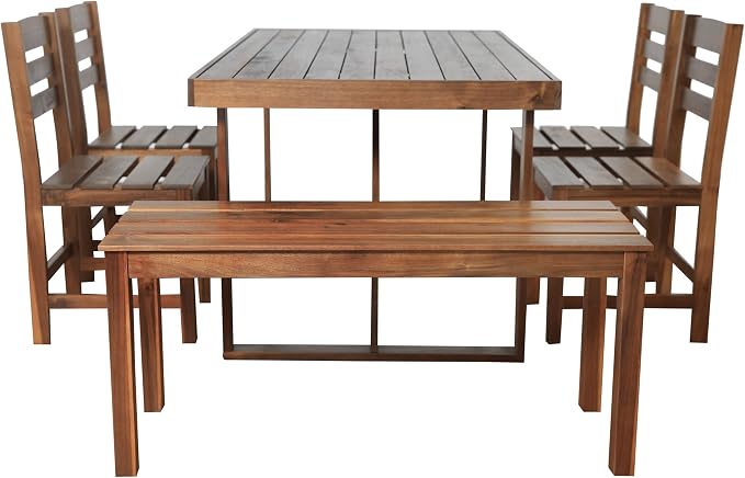 RUNNA Acacia Wood 6-Piece Outdoor Dining Set, Minimalist Patio Furniture with Dining Table,Bench and 4 Chairs for Garden, Balcony, Poolside (Brown-A1)