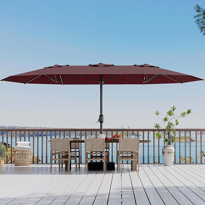 Garvee 15FT Rectangular Outdoor Umbrella Patio Umbrella with Base Included Large Market Umbrellas with Crank Handle UV Protection Table Umbrellas for Outdoor, Backyard, Deck, Poolside, Burgundy