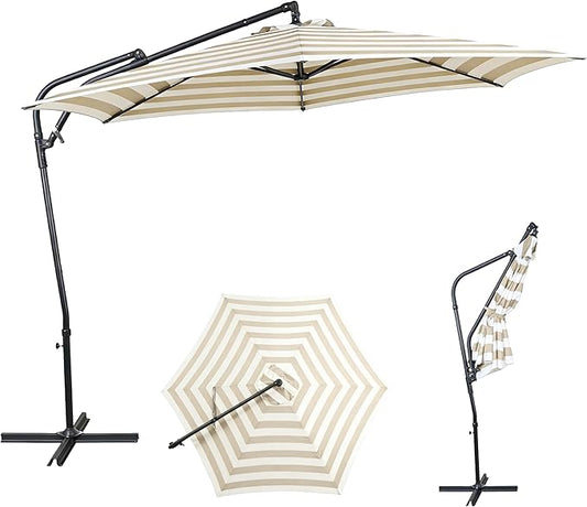 10FT Offset Patio Umbrella, Cantilever Hanging Umbrella with Infinite Tilt, Fade-Resistant Water-Repellent Canopy & Cross Base for Yard, Garden & Deck